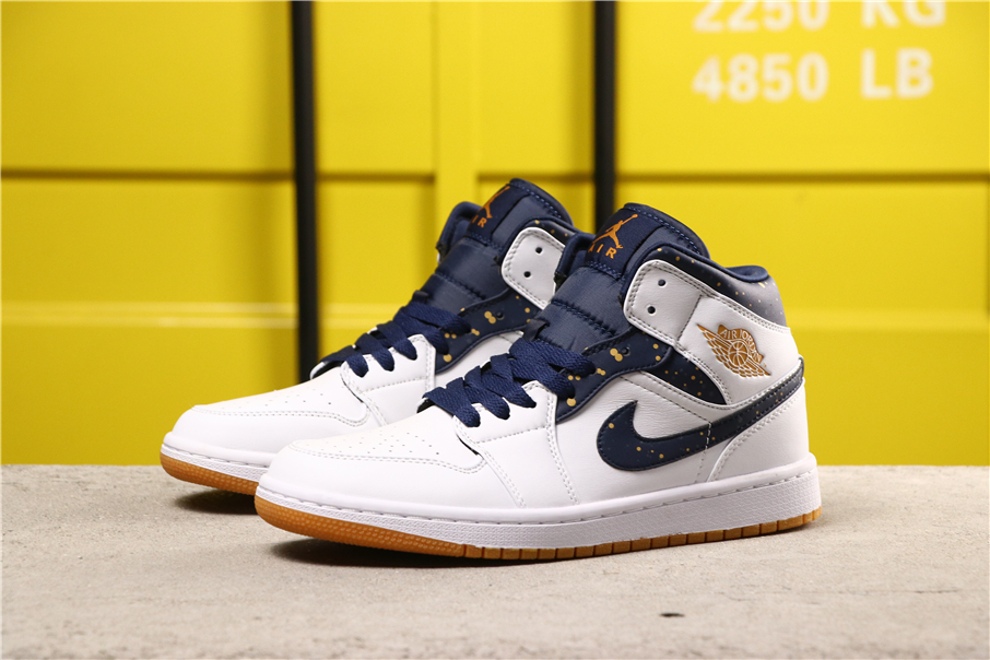 2019 Women Air Jordan 1 Mid JETER White Sea Blue Yellow Shoes - Click Image to Close